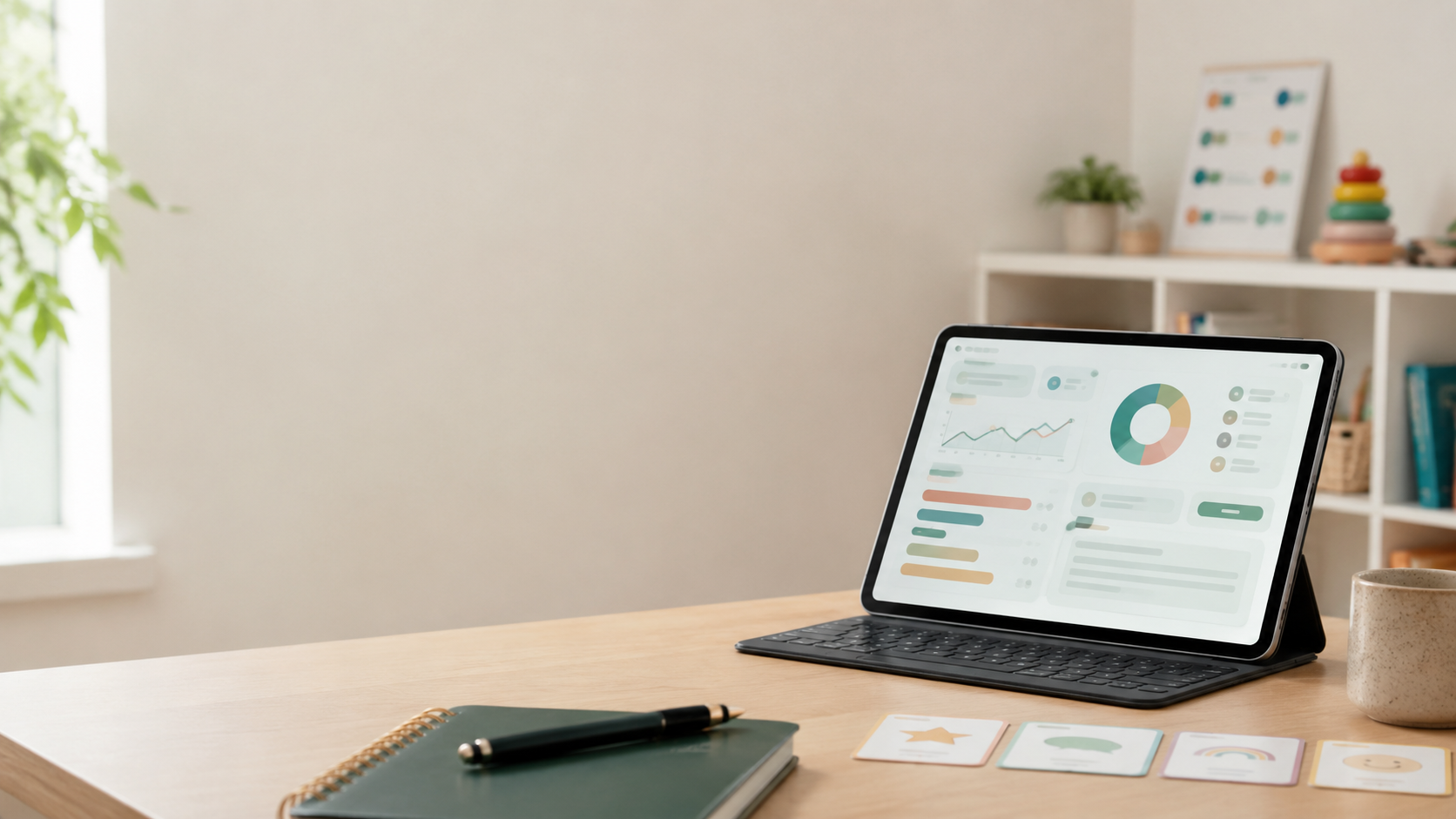 Tablet dashboard for ABA session notes on a therapy clinic desk